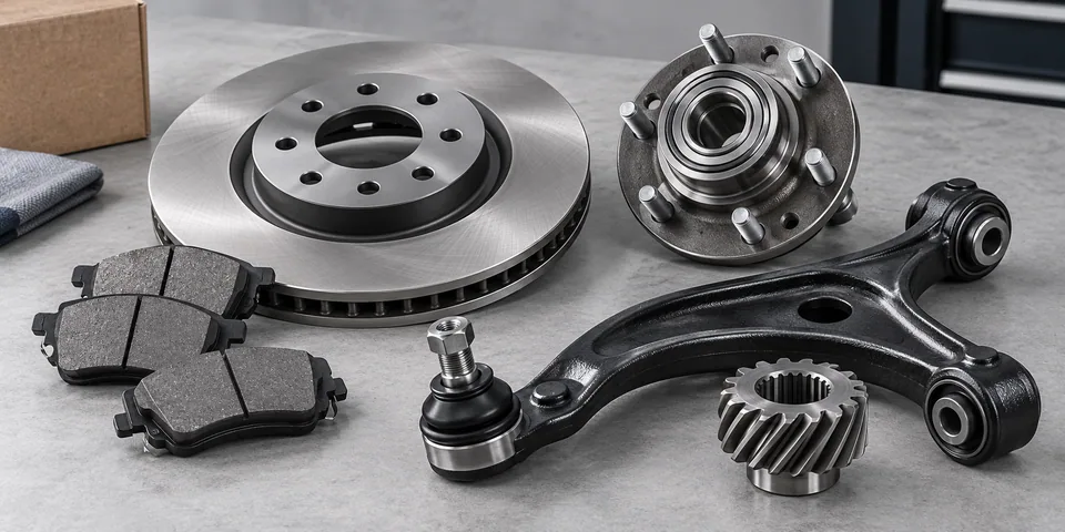 Illustrative automotive components including brake disc, wheel hub and suspension parts