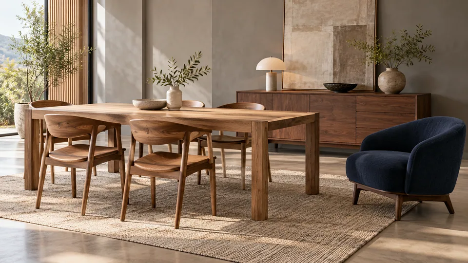 Illustrative furniture collection with dining table, chairs and sideboard